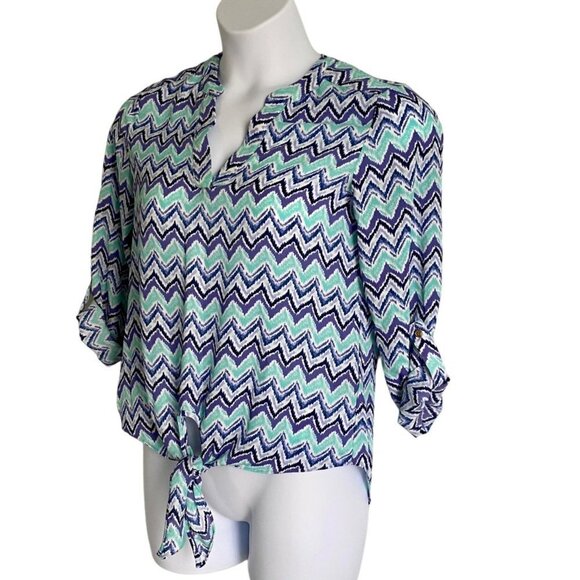 Zac & Rachel Chevron Print Front Tie Roll Up Sleeve Top Size Small - Picture 1 of 12